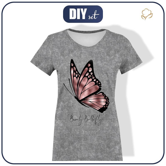 WOMEN’S T-SHIRT - BEAUTY BUTTERFLY (GLITTER BUTTERFLIES) / ACID WASH GREY - single jersey S