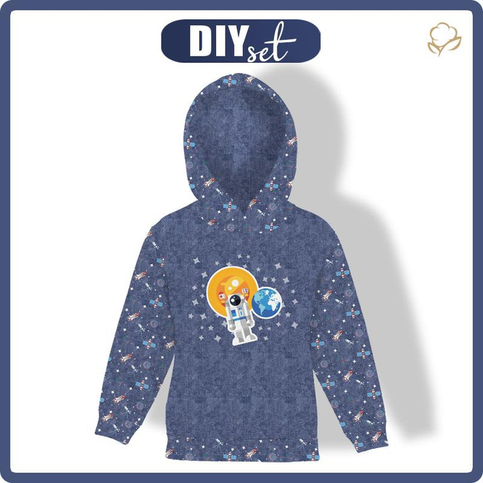KID'S HOODIE (ALEX) - ASTRONAUT (SPACE EXPEDITION) / ACID WASH DARK BLUE - looped knit fabric (98/104)
