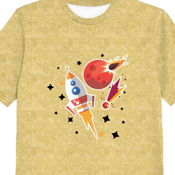 T-SHIRT DZIECIĘCY - RAKIETA I KOMETY (WYPRAWA W KOSMOS) / ACID WASH ZŁOTY - single jersey (116/122)