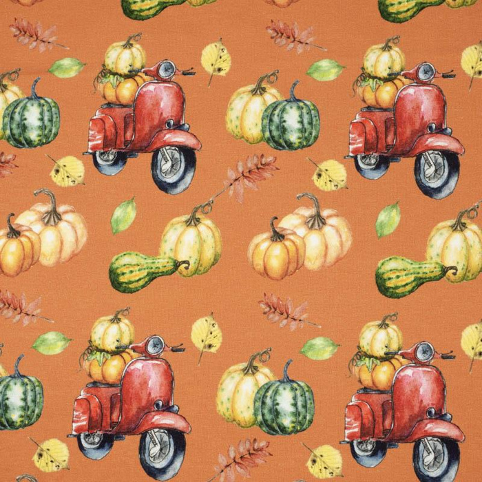 KÜRBISSE AUF DEM SCOOTER (Blätter) / orange (KÜRBISGARTEN) - French Terry mit Elasthan