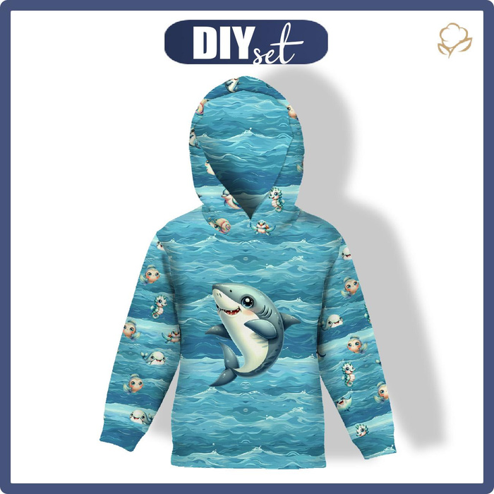 KID'S HOODIE (ALEX) - SHARK (SEA ANIMALS pat. 1) - looped knit fabric (98/104)