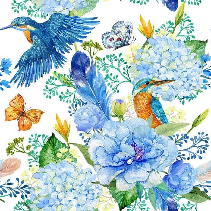 EISVÖGEL UND FLIEDER (EISVÖGEL AUF DER WIESE) / weiß - Baumwoll Webware