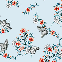PANSIES AND BUTTERFLIES / light blue - Cotton muslin