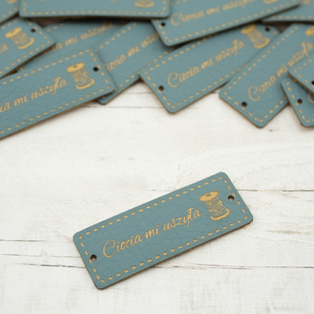 Cedulka Ciocia mi uszyła - cívka 1,5x4 cm - modrá pudrová