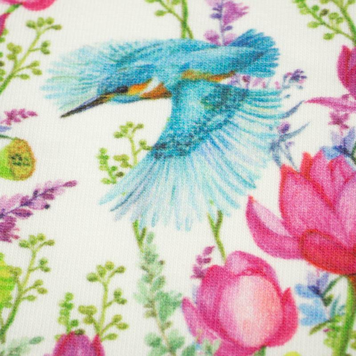 MINI KINGFISHERS AND POPPIES (KINGFISHERS IN THE MEADOW) / white - Waterproof woven fabric
