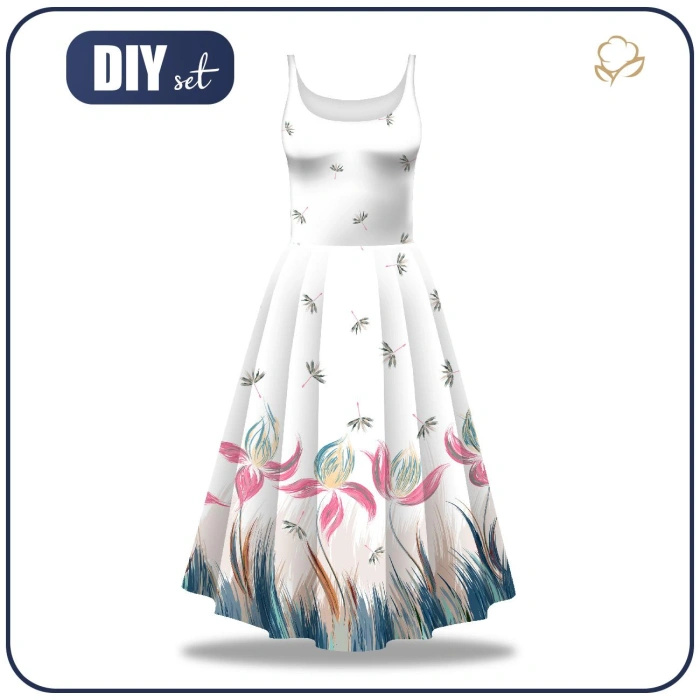 DRESS "ISABELLE" - FLOWERS (pattern no. 4) / white - sewing set XXL