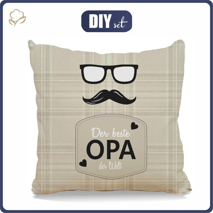 POLŠTÁŘ 45x45 - DER BESTE OPA DER WELT / angielska krata-béžový - Bavlněná tkanina - Sada šití