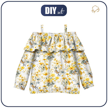 Bardot neckline blouse (VIKI) - FLOWERS (BUTTER YELLOW) - sewing set - 98-104