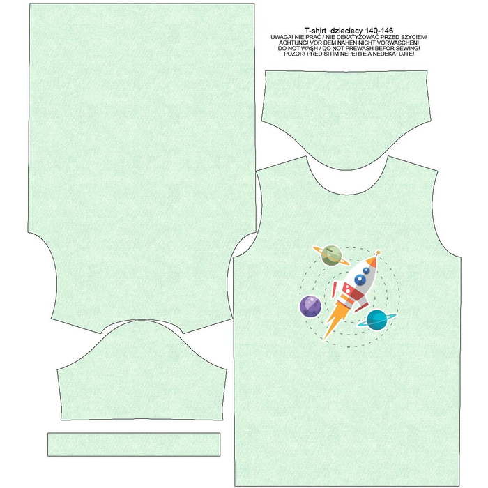 T-SHIRT DZIECIĘCY - RAKIETA I PLANETY (WYPRAWA W KOSMOS) / ACID WASH MIĘTOWY - single jersey (128/134)