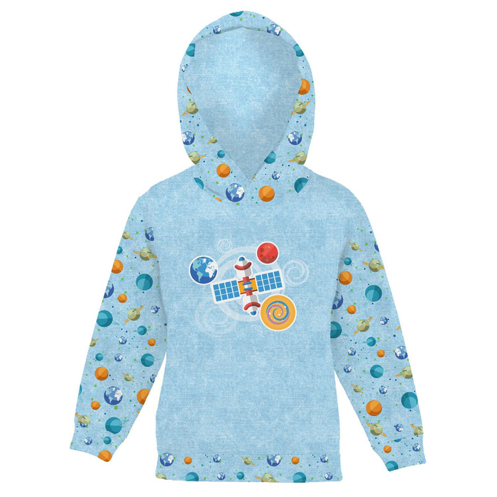 DZIECIĘCA BLUZA Z KAPTUREM (ALEX) - SATELITA (WYPRAWA W KOSMOS) / ACID WASH BŁĘKITNY - dzianina pętelkowa (98/104)