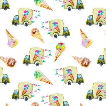 ICE CREAM TRUCKS (COLORFUL TRANSPORT) - Cotton muslin