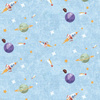 PLANETY A RAKETY (CESTA DO VESMÍRU) / ACID WASH AZUROVÝ  - organický úplet single jersey s elastanem