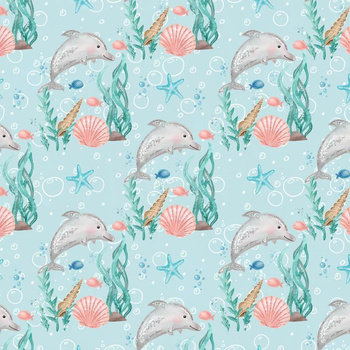 DOLPHINS pat. 2 (MAGICAL OCEAN) / aqua - quick-drying woven fabric