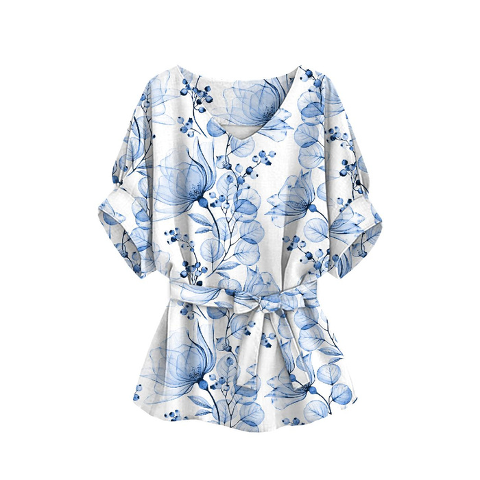 KIMONO BLOUSE - FLOWERS pat. 4 (classic blue) - sewing set XXL-XXXL