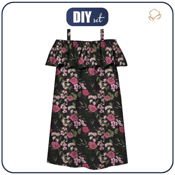 Bardot neckline dress (LILI) - PINK FLOWERS PAT. 2 - sewing set - 146-152
