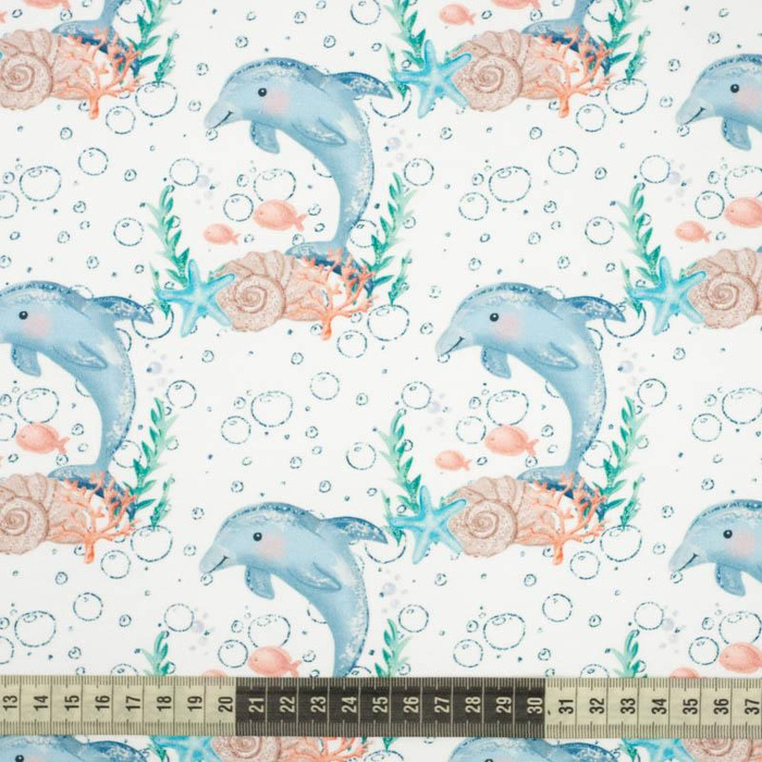 DOLPHINS pat. 3 (MAGICAL OCEAN) / white - Cotton woven fabric