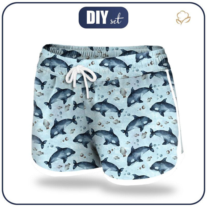 Women’s boardshorts - ORCAS (THE WORLD OF THE OCEAN) / CAMOUFLAGE pat. 2 (light blue) L
