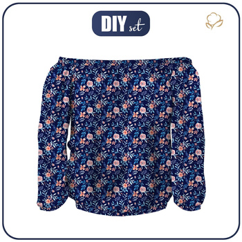 Carmenausschnitt Bluse (SOFIA) - GEMALTE PAONIEN / navy - Nähset XXL