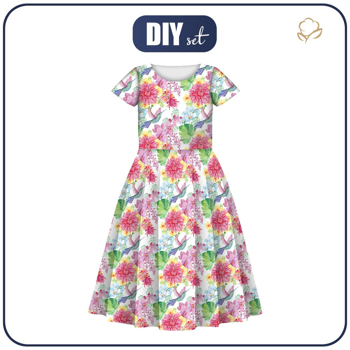 KID'S DRESS "MIA" - HUMMINGBIRDS AND FLOWERS - sewing set (134/140)