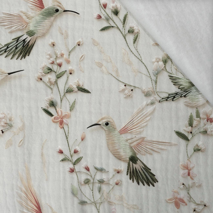 PASTEL BIRDS VZ. 6 (Kolibříci) - Mušelín bavlněný