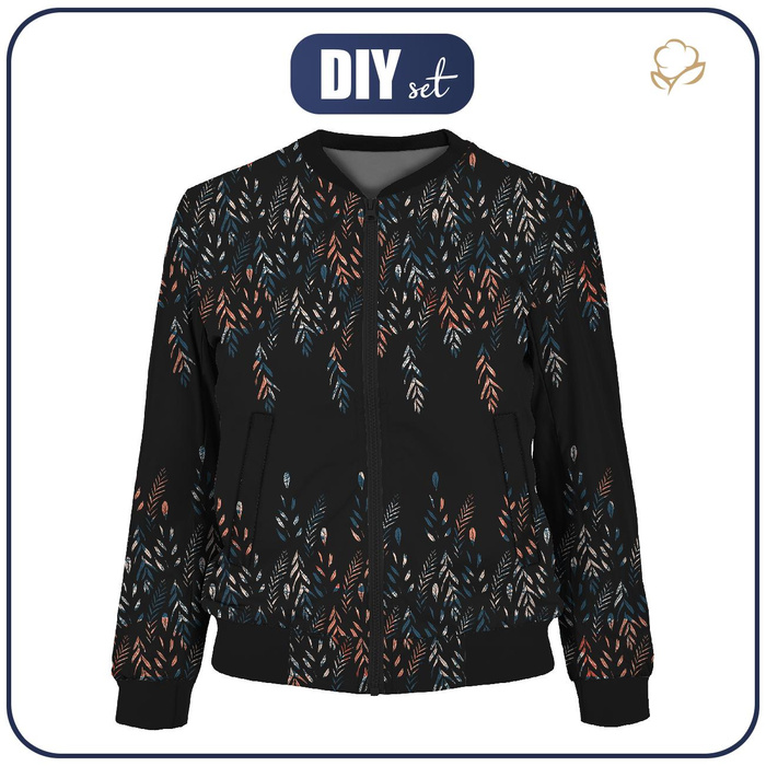 WOMEN’S BOMBER JACKET (KAMA) - LEAVES PAT. 3 / BLACK - sewing set L
