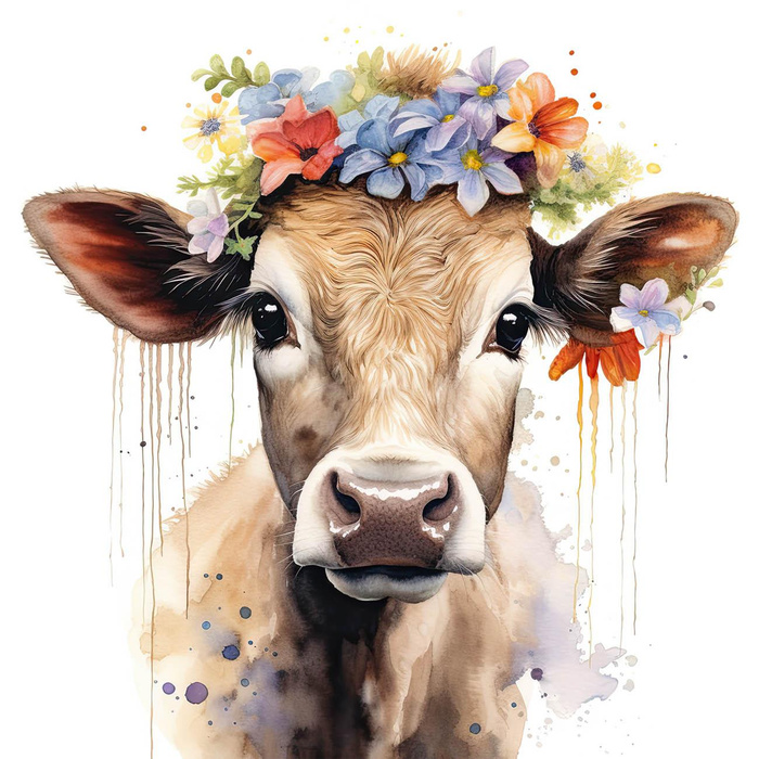 WATERCOLOR COW - PANEL (75cm x 80cm) dzianina drapana z elastanem ITY