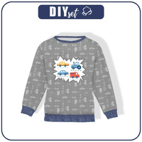 CHILDREN'S (NOE) SWEATSHIRT - VEHICLES pat. 2 / white (ADVENTURE BEGINS) - sewing set