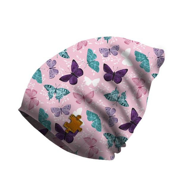 "Beanie" cap - BUTTERFLIES PAT. 5 / pink (PURPLE BUTTERFLIES) 57-59