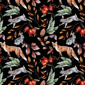 FOREST ANIMALS PAT. 2 / BLACK (COLORFUL AUTUMN)