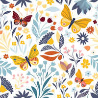 FOLK BUTTERFLIES / white - Cotton woven fabric