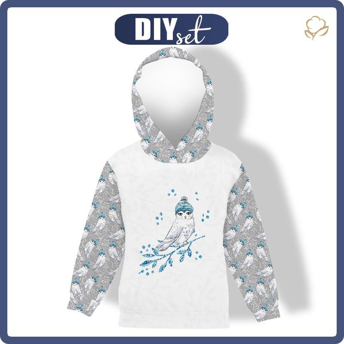 KID'S HOODIE (ALEX) - OWL IN A HAT (ENCHANTED WINTER) - looped knit fabric (134/140)