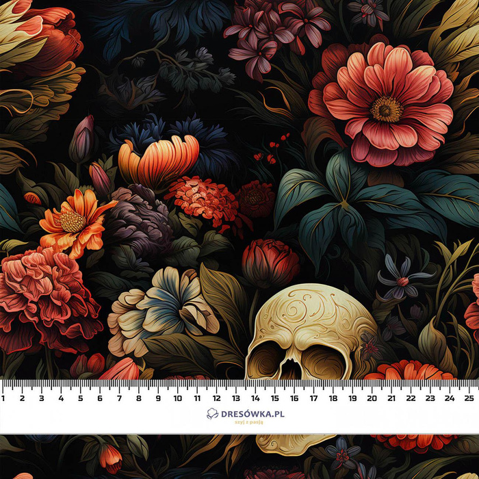 FLOWERS AND SKULL - teplákovina počesaná s elastanem ITY