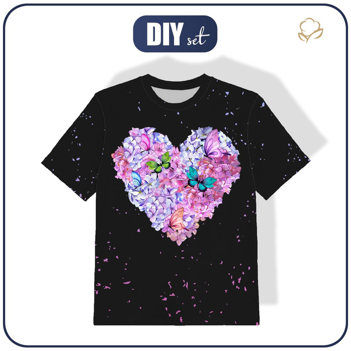 KID’S T-SHIRT - HEART FLOWERS / black - sewing set (128/134)