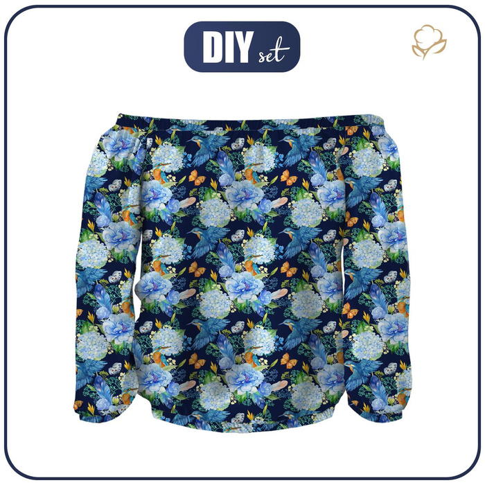 Bardot neckline blouse (SOFIA) - KINGFISHERS AND LILACS (KINGFISHERS IN THE MEADOW) / navy - sewing set S