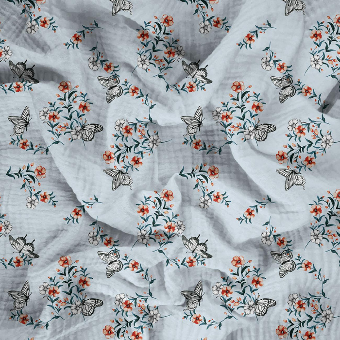 PANSIES AND BUTTERFLIES / light blue - Cotton muslin