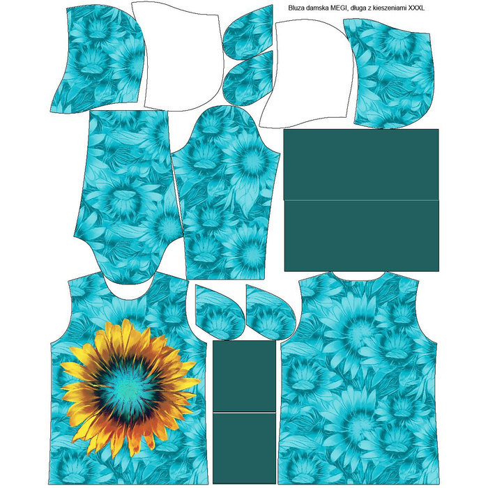 LONG WOMEN’S HOODIE (MEGI) - SUNFLOWERS pat. 3 - looped knit fabric - XXL