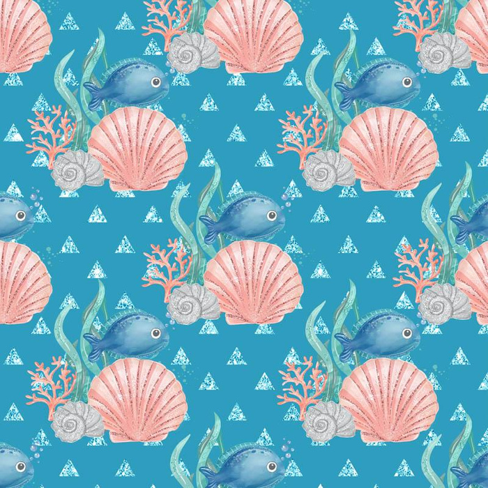 FISH AND SHELLS (MAGICAL OCEAN) / blue - Cotton woven fabric