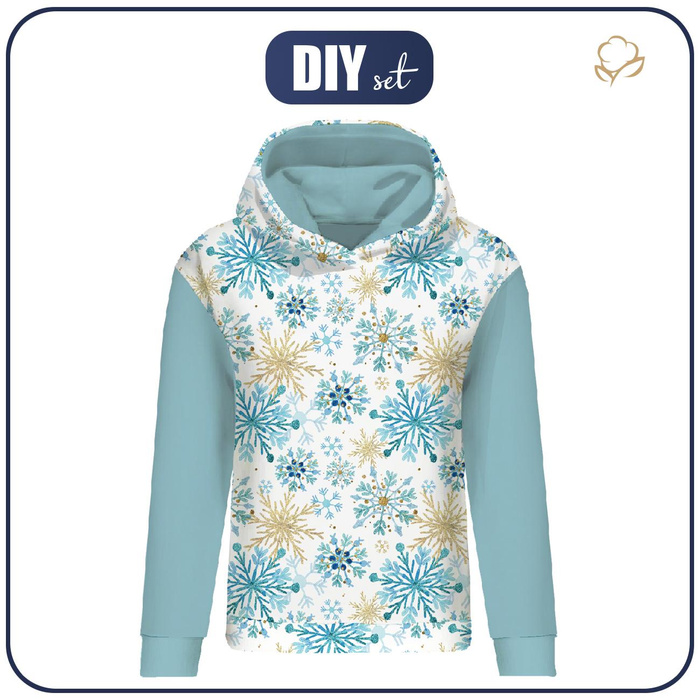 BLUZA DAMSKA (POLA) CLASSIC Z KAPTUREM - NIEBIESKIE ŚNIEŻYNKI - dzianina pętelkowa XXXL
