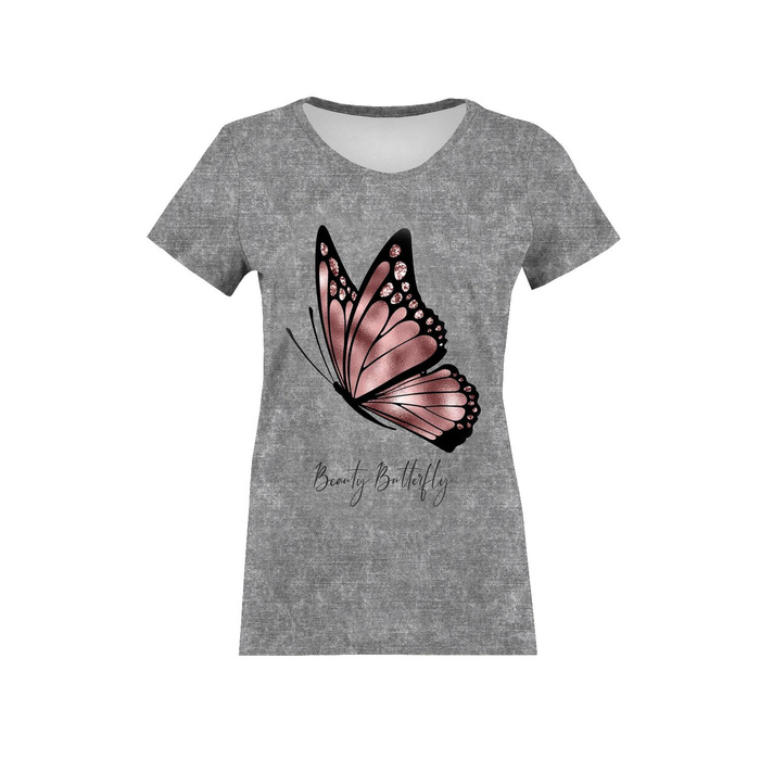 DAMEN T-SHIRT - BEAUTY BUTTERFLY (GLITTER SCHMETTERLINGE) / ACID WASH GRAU - Single Jersey S