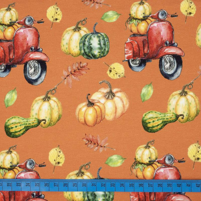 KÜRBISSE AUF DEM SCOOTER (Blätter) / orange (KÜRBISGARTEN) - French Terry mit Elasthan