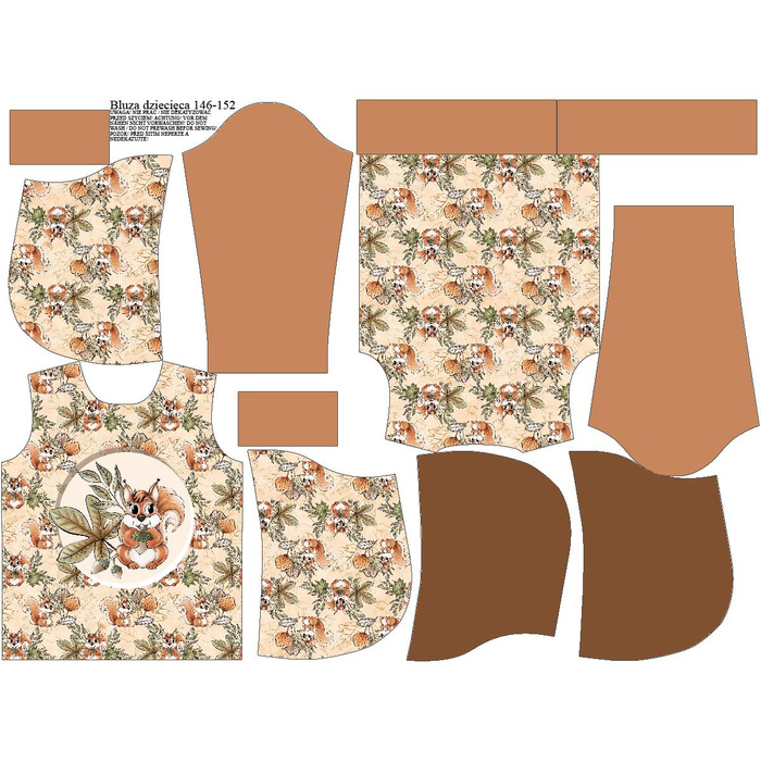 KID'S HOODIE (ALEX) - SQUIRRELS AND LEAVES pat. 1 (AUTUMN IN THE FOREST) - looped knit fabric (146/152)