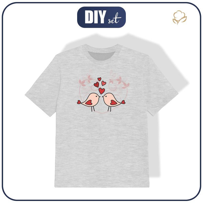 T-SHIRT DZIECIĘCY - ZAKOCHANE PTAKI (HAPPY VALENTINE’S DAY) / melanż jasnoszary - single jersey (104/110)