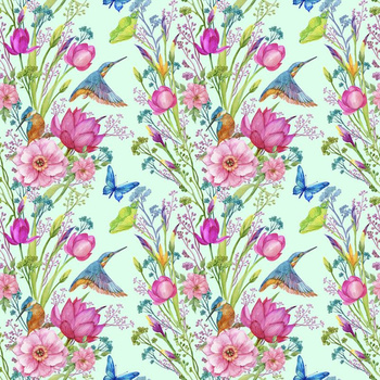 MINI KINGFISHERS AND BUTTERFLIES (KINGFISHERS IN THE MEADOW) / mint