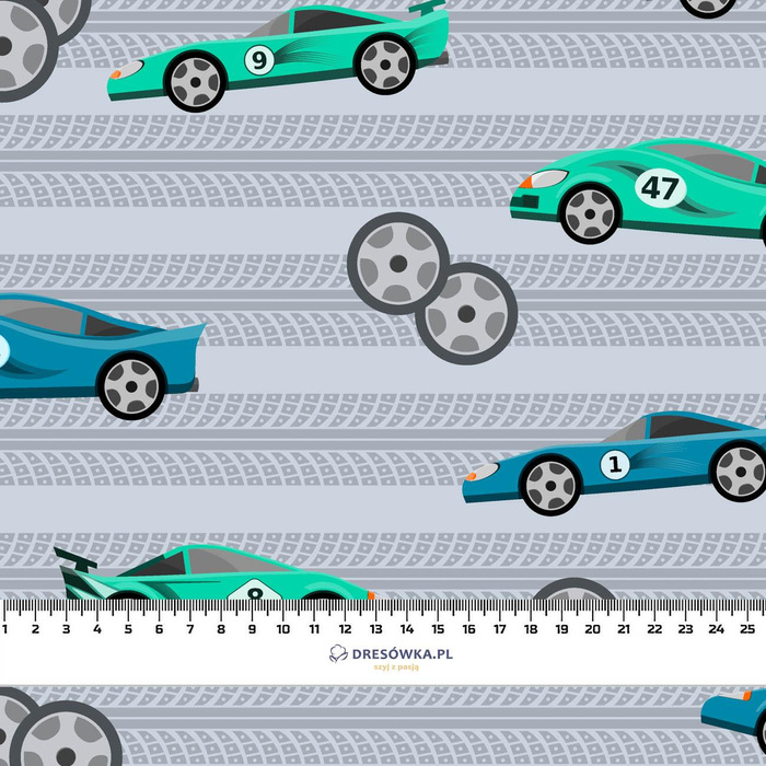 FAST WHEELS / blue on grey - Cotton woven fabric
