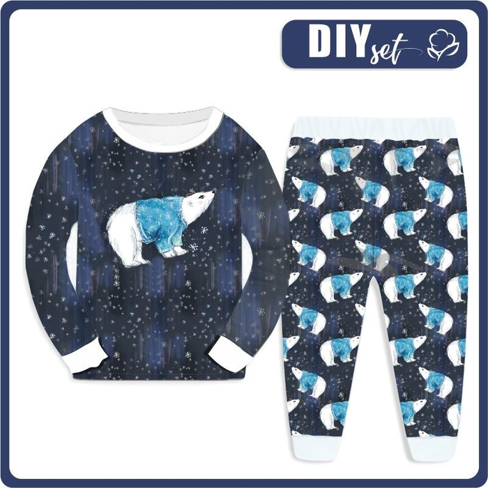 CHILDREN'S PAJAMAS " MIKI" - WHITE BEAR IN SWEATER / navy (ENCHANTED WINTER) - Elastic cotton knit fabric (98/104)