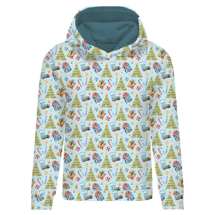 CLASSIC WOMEN’S HOODIE (POLA) - CHRISTMAS TREES AND PRESENTS (CHRISTMAS SEASON) - looped knit fabric - XXL