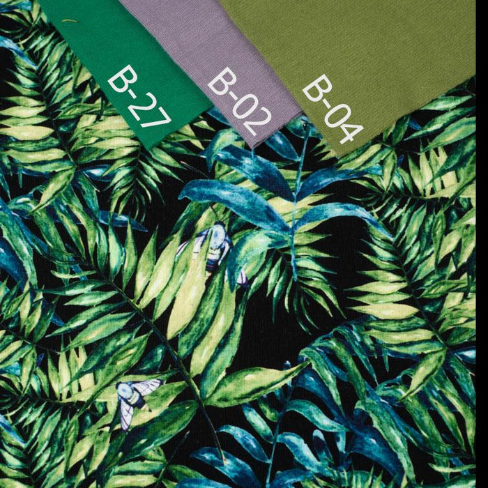 MINI LEAVES AND INSECTS PAT. 6 (TROPICAL NATURE) / black - single jersey