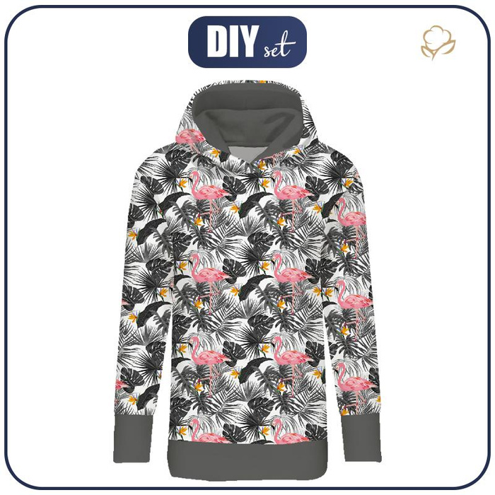 LONG WOMEN’S HOODIE (MEGI) - FLAMINGOS WITH LEAVES - looped knit fabric - XL