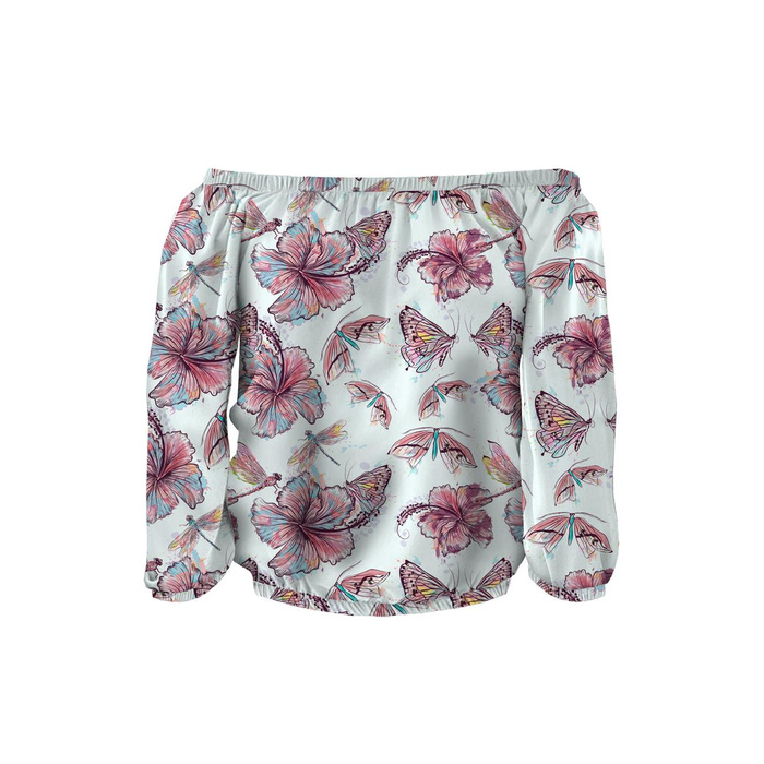 Carmenausschnitt Bluse SOFIA - HIBISKUS UND SCHMETTERLINGE - Nähset XL