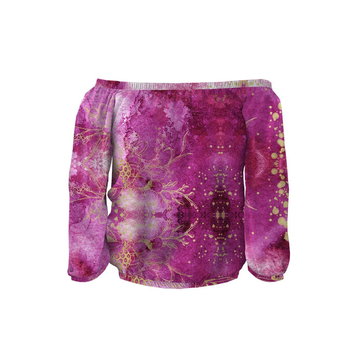 Bardot halenka s výstřihem (SOFIA) - KVĚTY / zlatý obrys Vz. 2 / AKVARELOVÝ MRAMOR - Sada šití XL